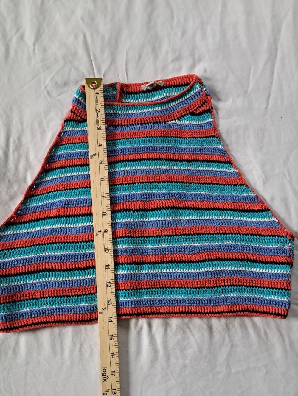 ​Ecote Striped Crochet Cotton Halter Tank Top Coral Teal Blue Boho Beach Size L - Picture 8 of 12